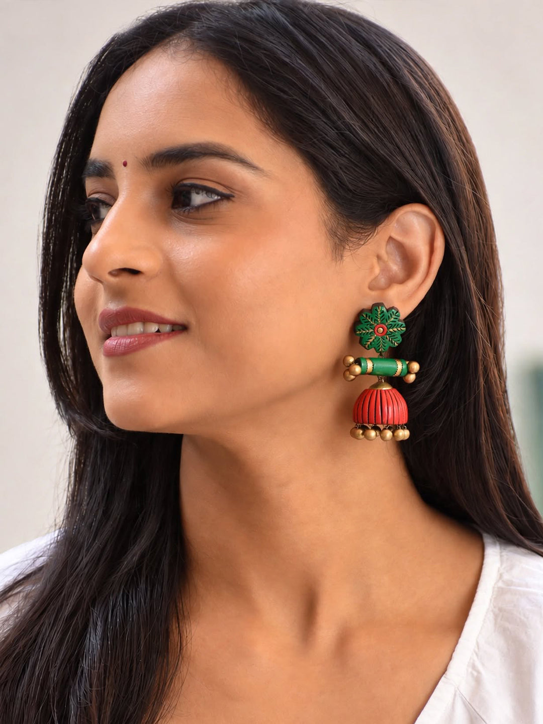 Floral Design Antique Gold Red Green Handmade Terracotta Jhumka Earring