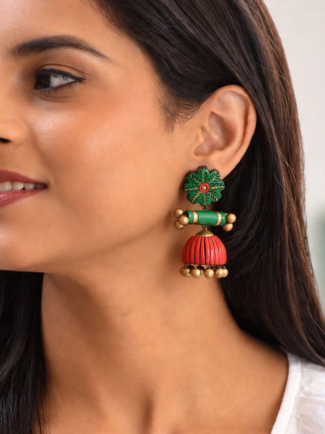 Floral Design Antique Gold Red Green Handmade Terracotta Jhumka Earring