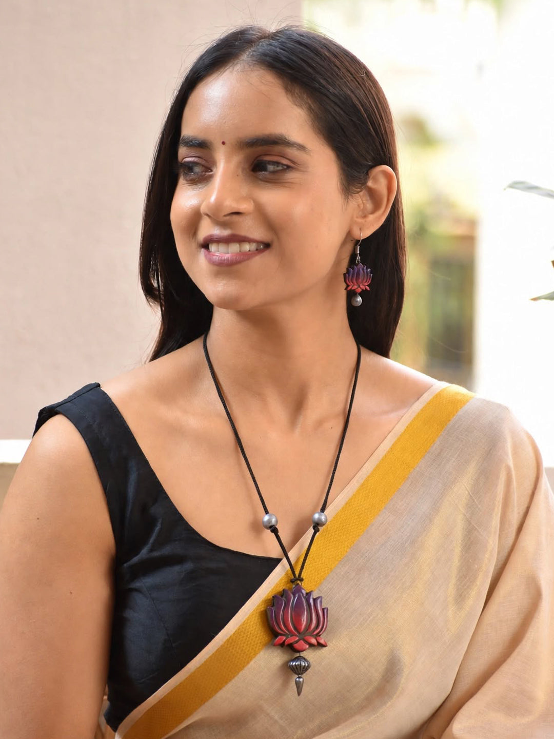 Purple Pink Silver Lotus Design Minimalistic Handmade Terracotta Necklace Set