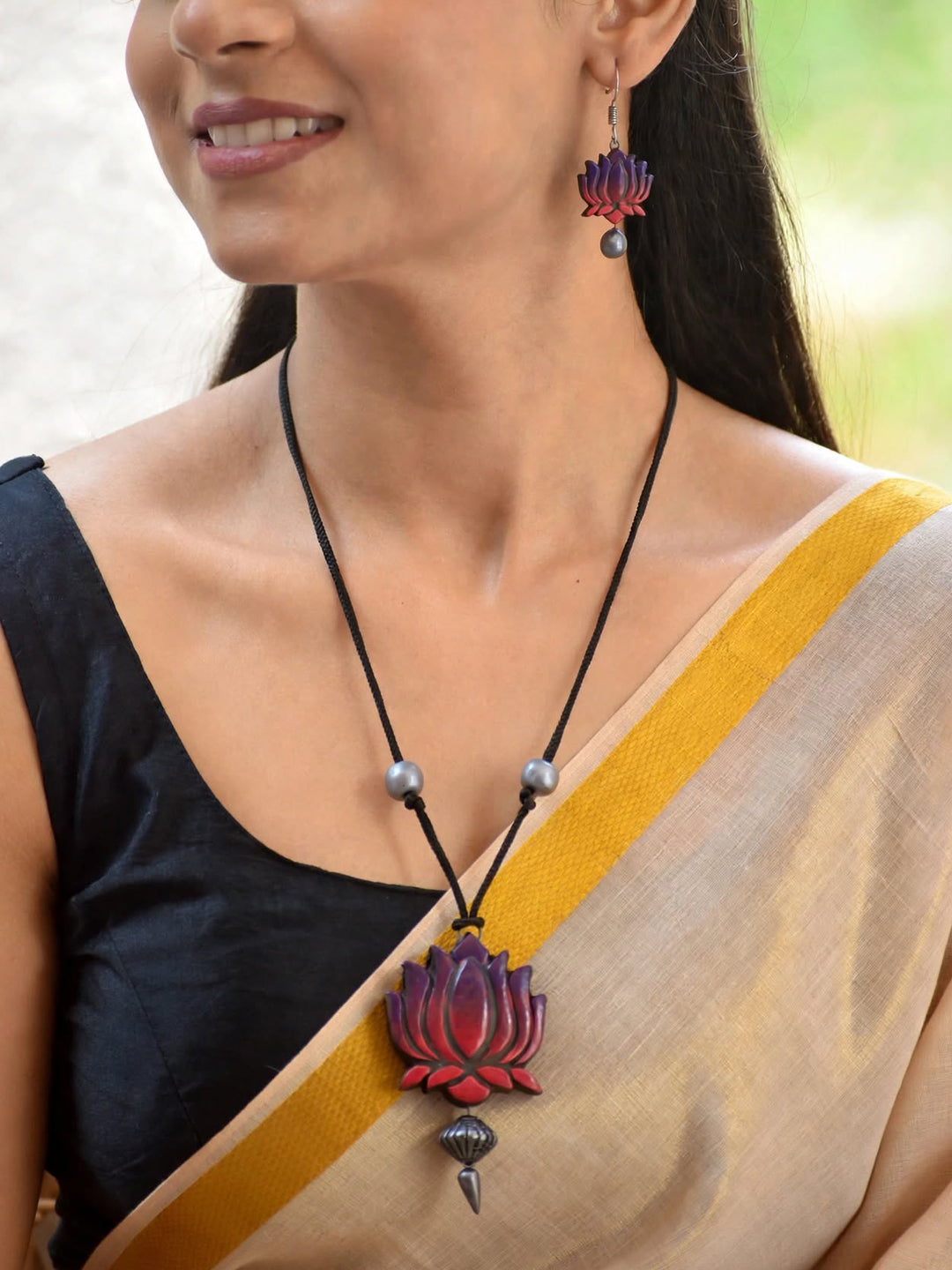 Purple Pink Silver Lotus Design Minimalistic Handmade Terracotta Necklace Set