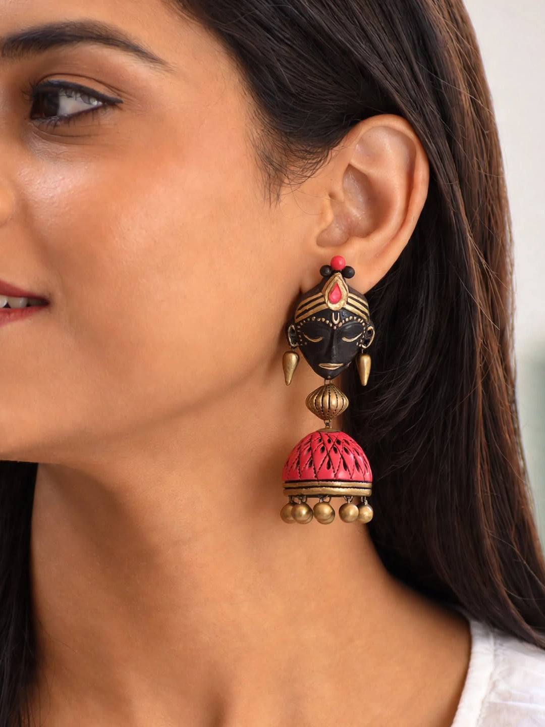 Krishna Face Handmade Terracotta Black Antique Gold Pink Jhumka Earrings