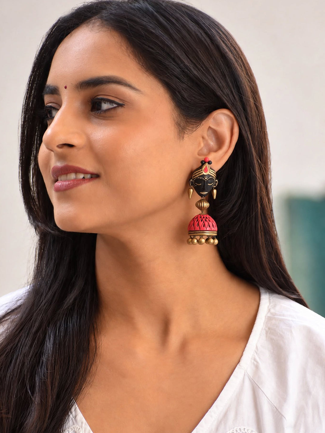 Krishna Face Handmade Terracotta Black Antique Gold Pink Jhumka Earrings