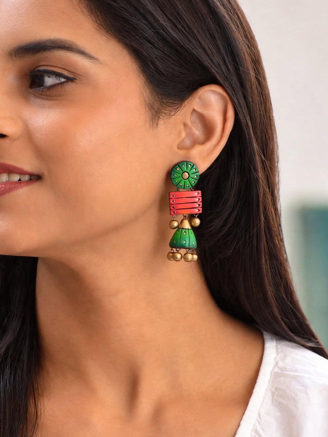 Circular and Square Design Green Pink Antique Gold Handmade Terracotta Stud Jhumka Earrings