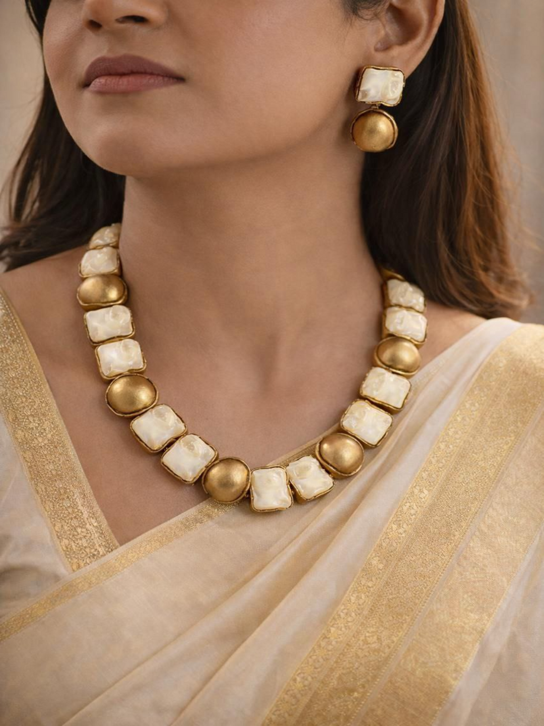 Ivory Elegance ✨ —  Terracotta Ivory Color Square Bead Necklace with Gold Disc Accents