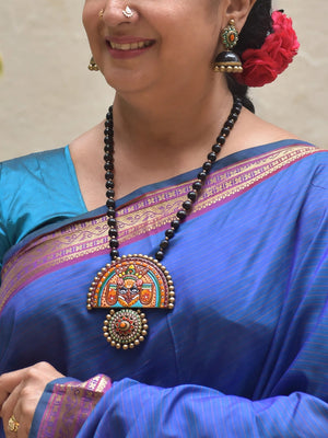 B2B - JYUVA01 - Handmade Terracotta Black Beaded Deity Pendant Necklace Set