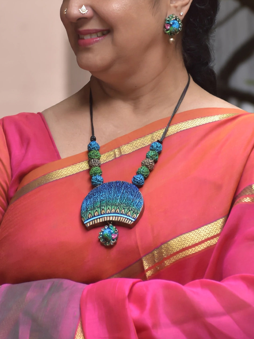 B2B - JYUVA06 - Handmade Terracotta Blue & Green Peacock Pendant Necklace Set