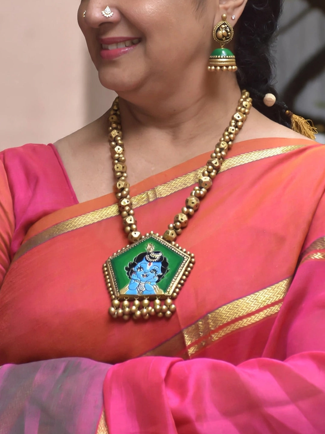 B2B - JYUVA08 - Handmade Terracotta Green Krishna Pendant Antique Gold Necklace Set