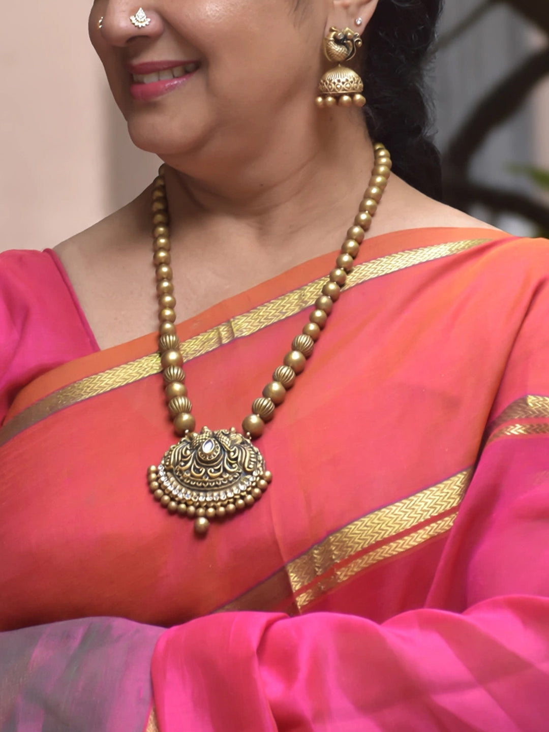 B2B - JYUVA09 - Handmade Terracotta Antique Gold Beaded Temple Pendant Necklace Set