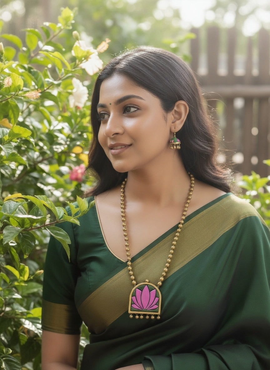 Padmamalini — Terracotta Golden Beaded with Hand-Painted Pink Lotus Pendant Necklace