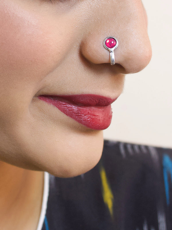 Silver Plated Circular Design Pink Color Stone Clip On Nose Pin