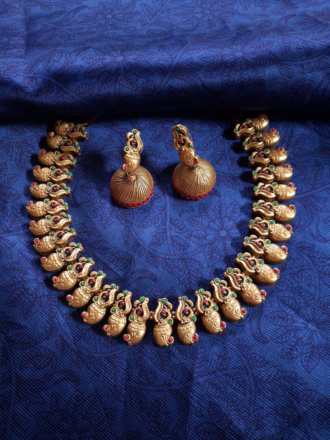 Terracotta Peacock Motif Necklace with Antique Gold Finish & Matching Stud Earrings