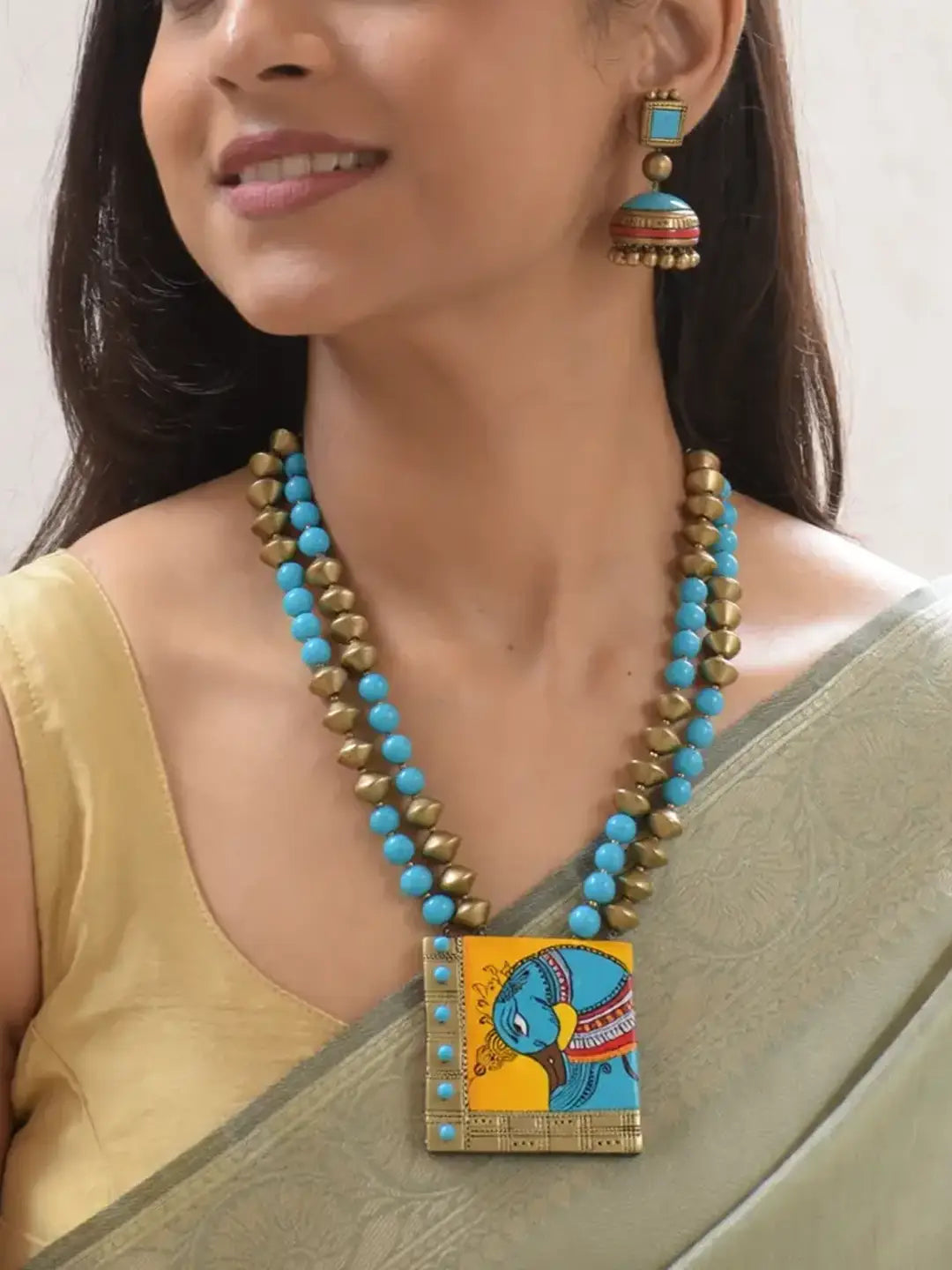 Peacock Design Hand Painted Terracotta Jewellery Set