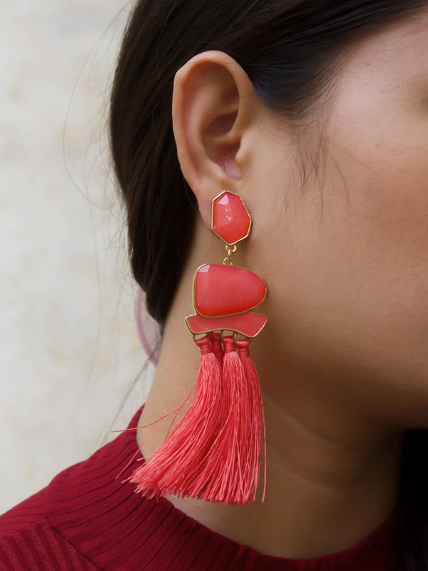 Aana Gold Plated Tassel Design Red Color Plastic Stone Dangler Earring-AANA-Earring