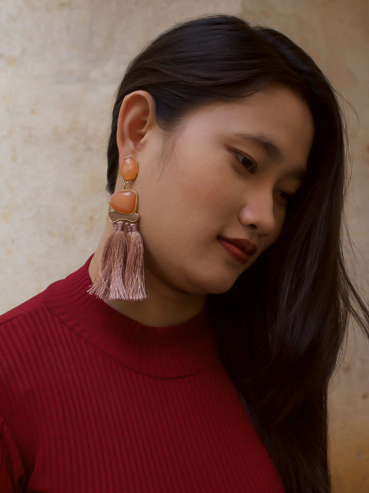 Aana Gold Plated Tassel Design Orange And pink Color Plastic Stone Dangler Earring-AANA-Earring