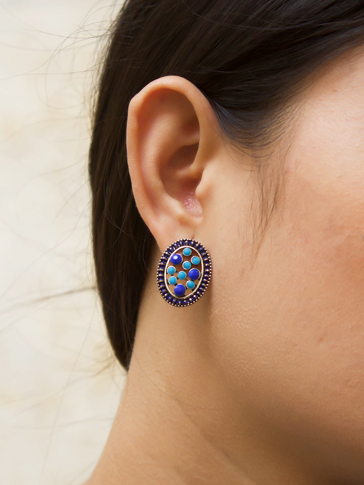 Aana Silver Plated Oval Design Turquoise And Navy Color Plastic Stone Stud Earring-AANA-Earring