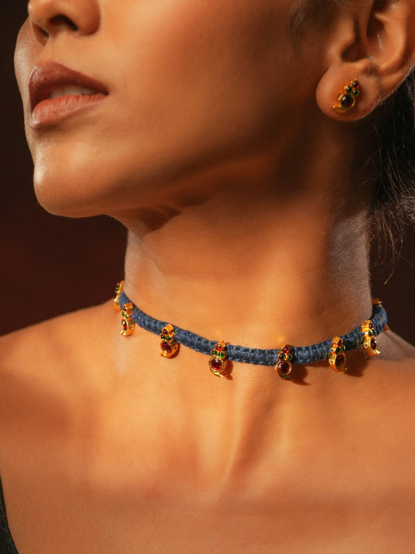 Gold tone temple necklace set-Blue Thread Choker