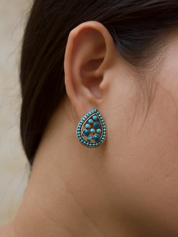 Aana Silver Plated Tear Design Teal And Turquoise Color Plastic Stone Stud Earring-AANA-Earring