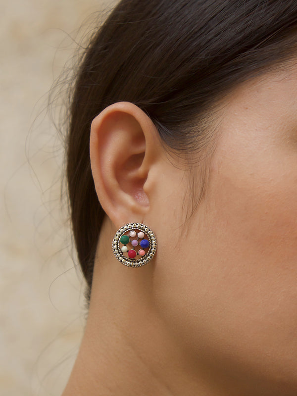 Aana Silver Plated Circle Design Multicolor Plastic Stone Stud Earring-AANA-Earring