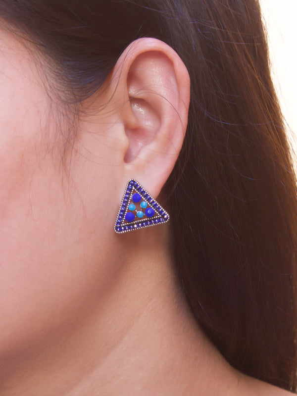 Aana Silver Plated Triangle Shape Design Teal And Navy Color Enamel Painted Stud Earring-AANA-Earring