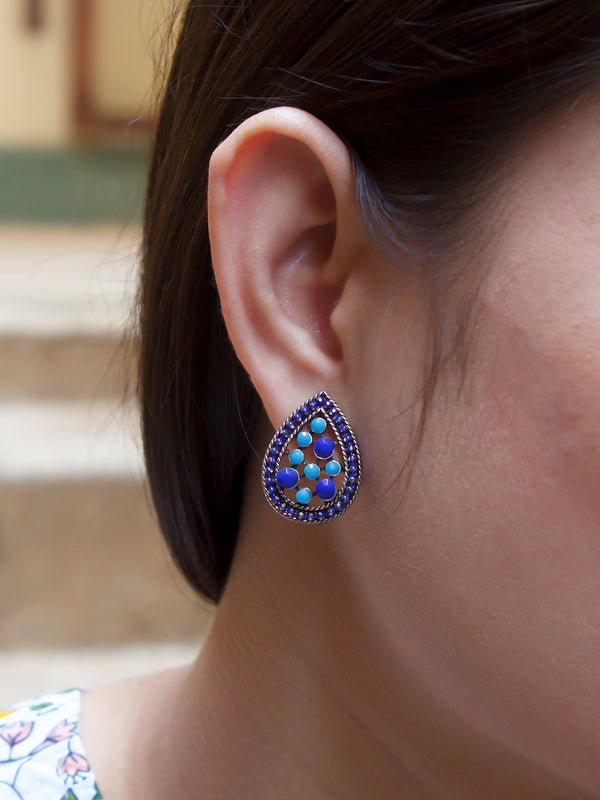 Aana Silver Plated Tear Design Turquoise And Navy Color Plastic Stone Stud Earring-AANA-Earring