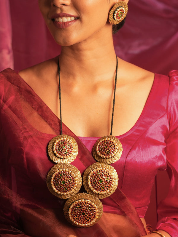 Gold Tone Coined Temple Necklace Set-V Pink