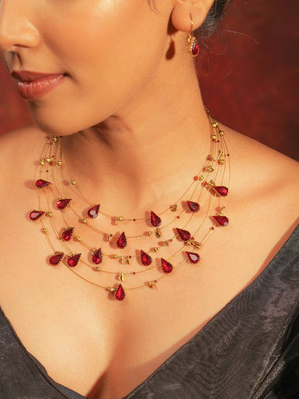 Gold Tone Temple Necklace Set- Layered Red