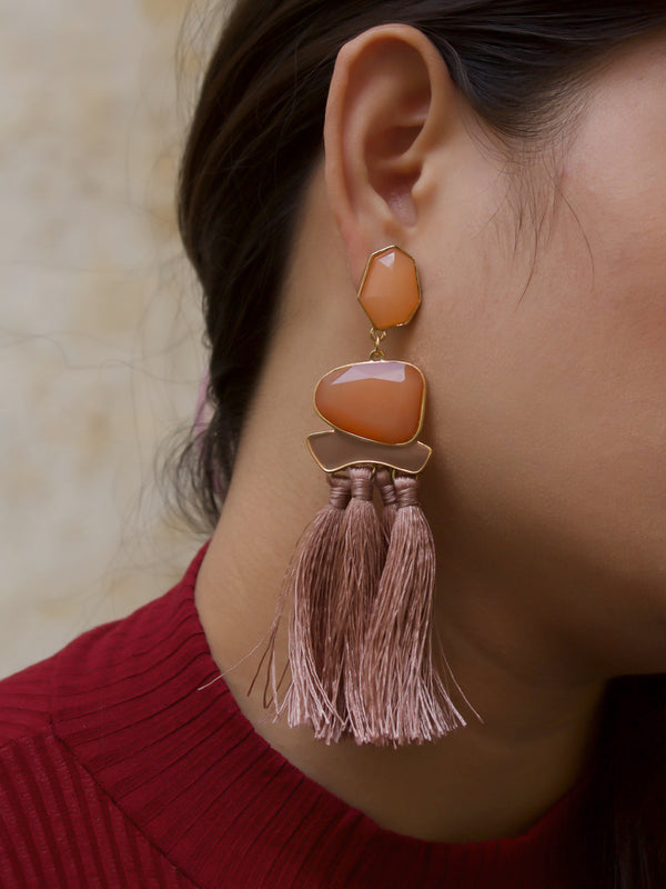 Aana Gold Plated Tassel Design Orange And pink Color Plastic Stone Dangler Earring-AANA-Earring