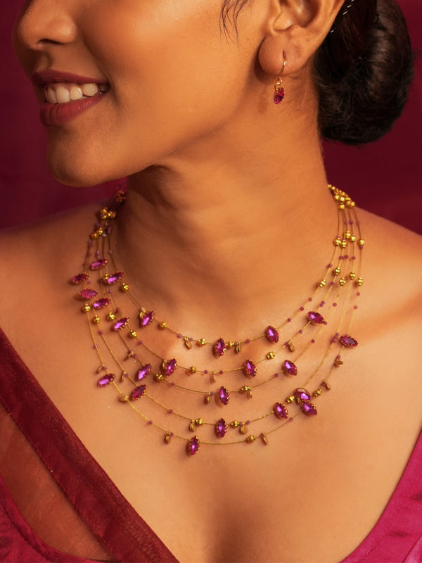 Gold Tone Temple Necklace Set- Layered Pink