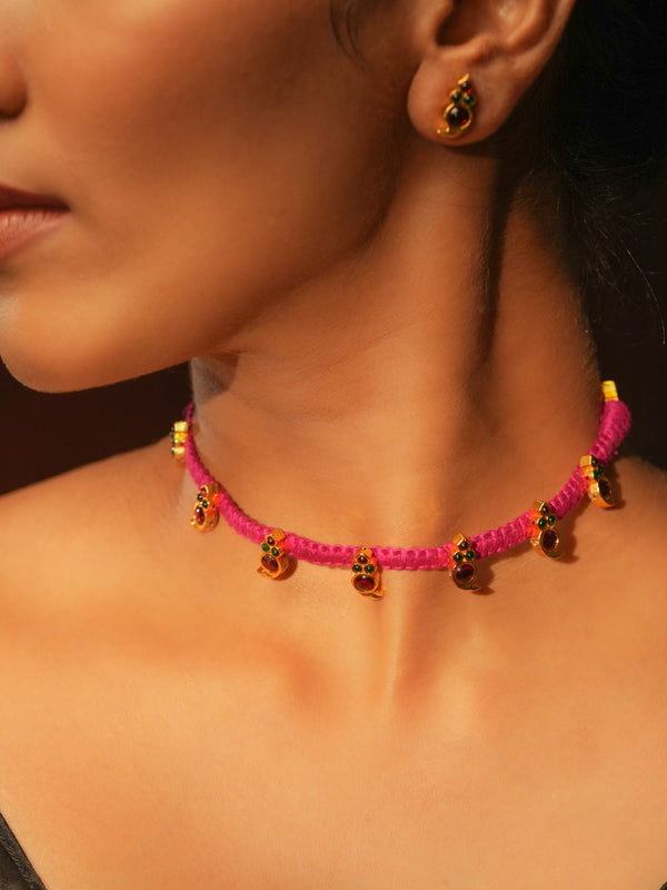 Gold tone temple necklace set-Pink Thread Choker