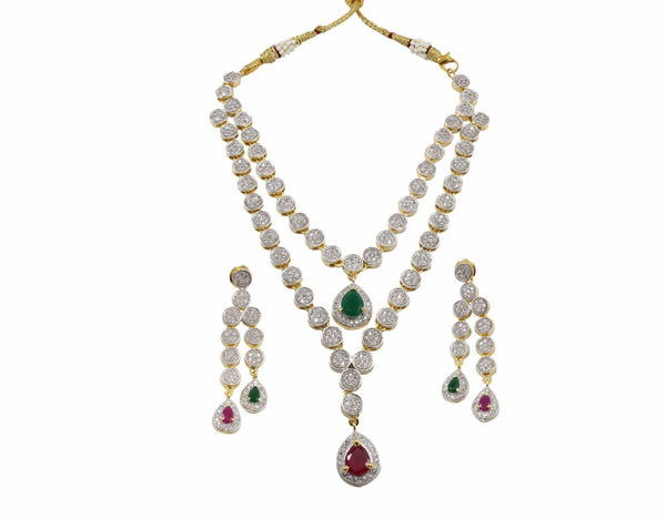 American Diamond Necklace With Red And Green Stone