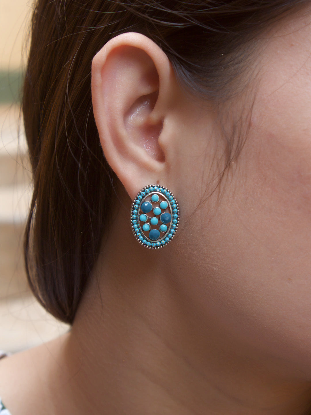 Aana Silver Plated Oval Design Turquoise And Teal Color Plastic Stone Stud Earring-AANA-Earring