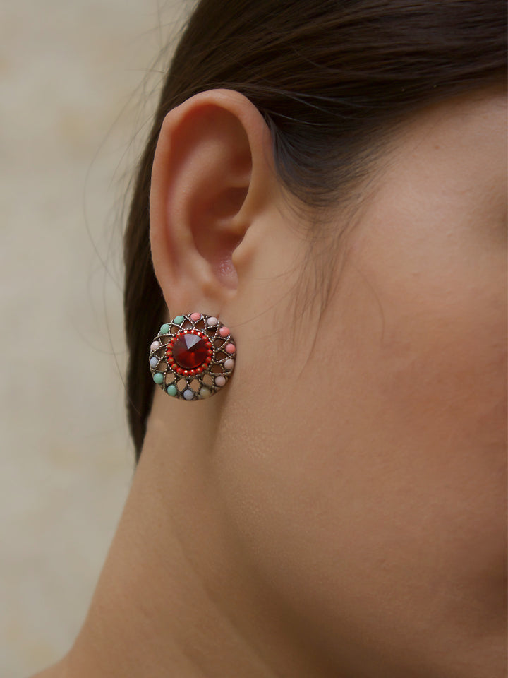 Aana Silver Plated Floral Design Multicolor Plastic Stone Stud Earring-AANA-Earring