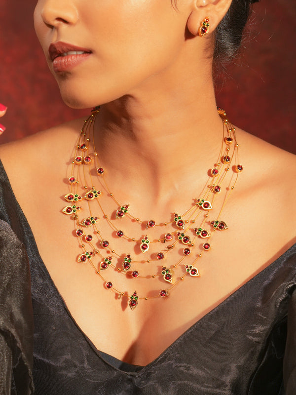 Gold Tone Temple Necklace Set- Layered V motifs