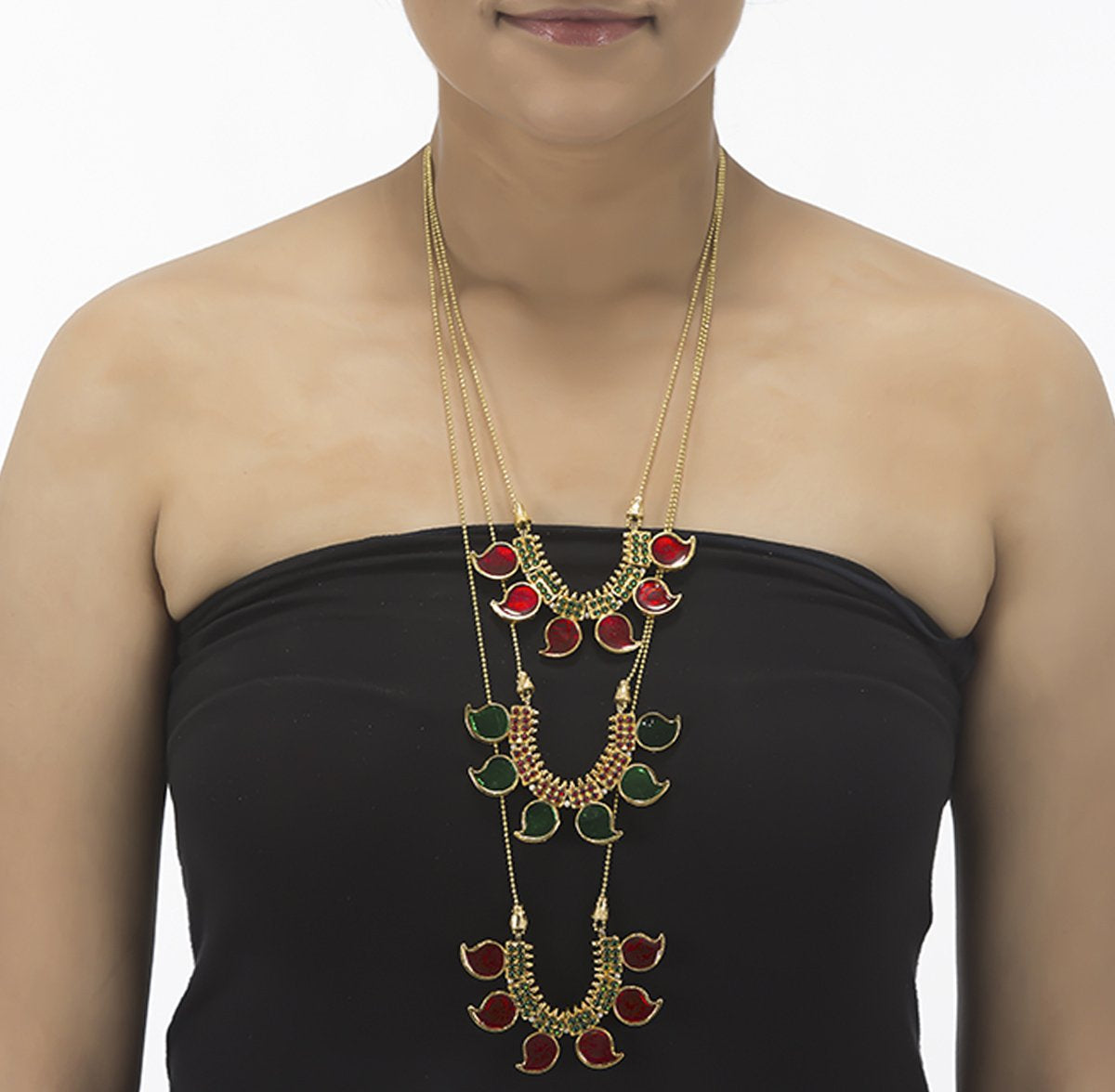Yadavi Red and Green Three Line Necklace