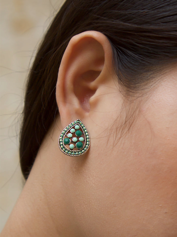 Aana Silver Plated Tear Design Green And Light Green Color Plastic Stone Stud Earring-AANA-Earring